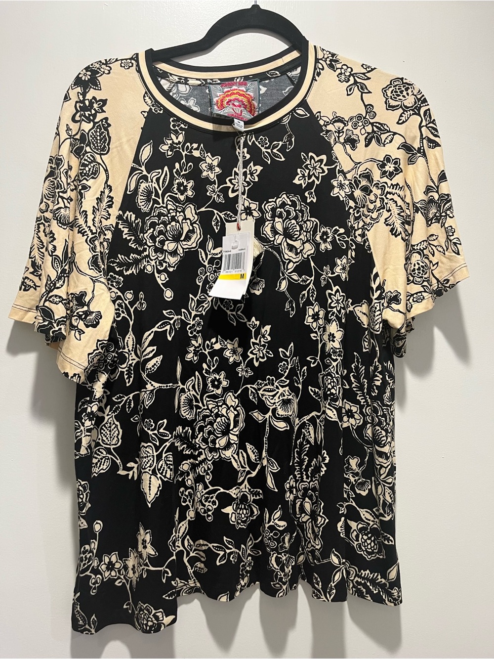 Johnny Was Black & Cream Floral Raglan Short Sleeve Tee